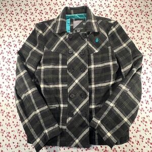Y2K Volcom Double Breasted Pea Coat Women's XL Windowpane plaid Black